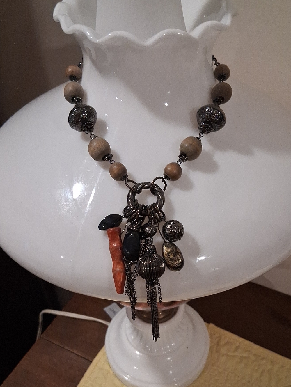 Boho Multi-Charm Brown and Coral Pendant Necklace